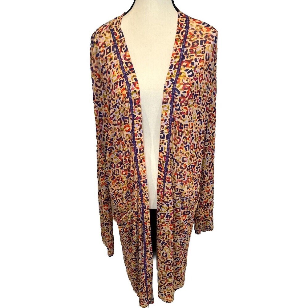 LOGO Lori Goldstein Quynn Colorful Animal Print Long Cardigan Duster Fall Sz‎ XL